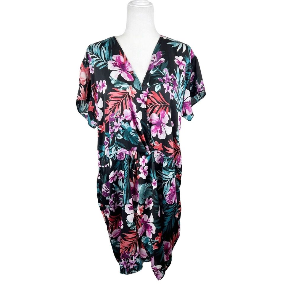 Bobeau Dress Women Large Black Purple Floral Print Short Sleeve Surplice Casual